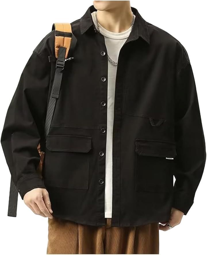 Lilly chocolate ミリタリーシャツ メンズ 春 アウター 春秋 シャツジャケット 長袖 カラー(ブラック，  M)