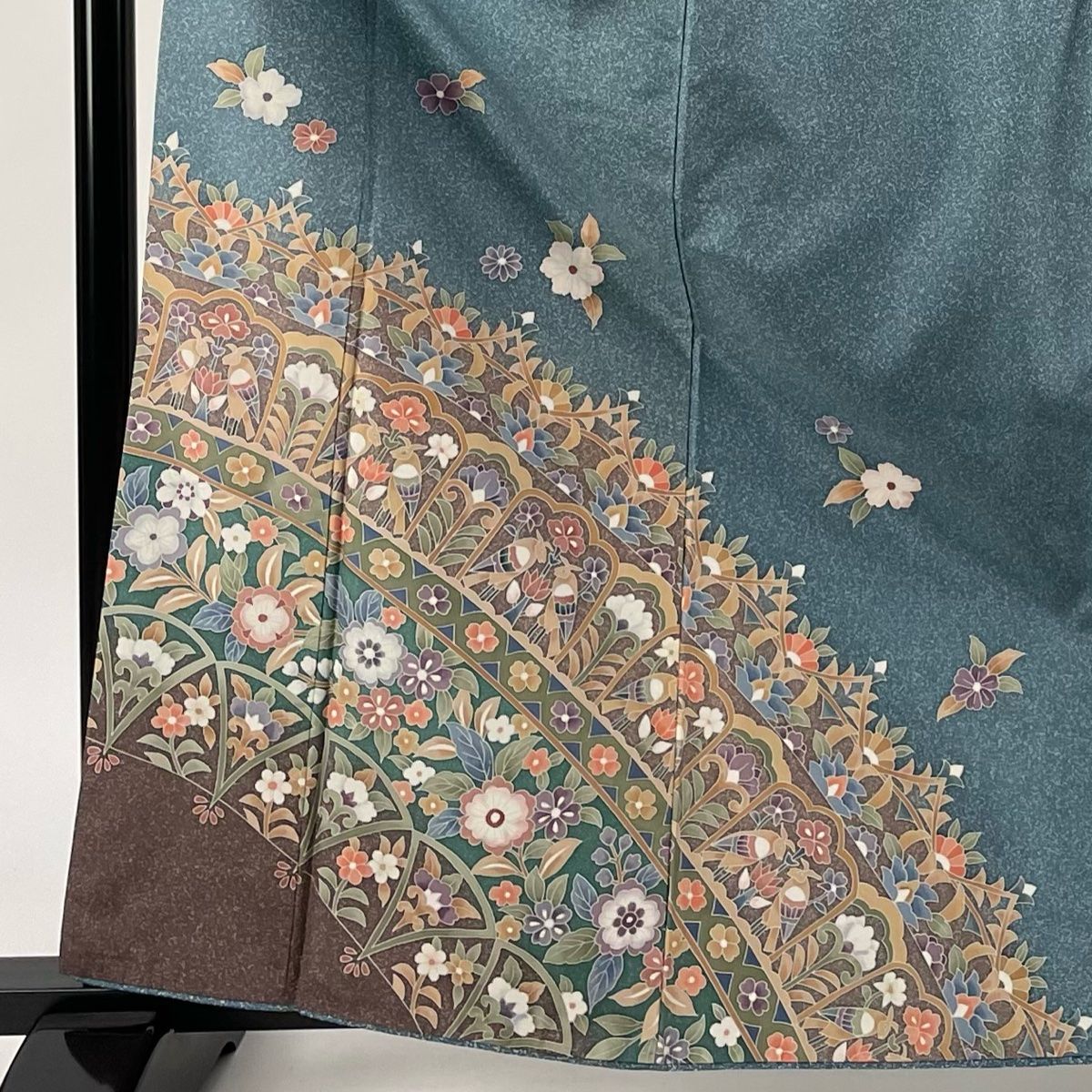 付下げ 身丈164cm 裄丈68cm L 袷 紬地 渡来更紗 落款 草花 鳥