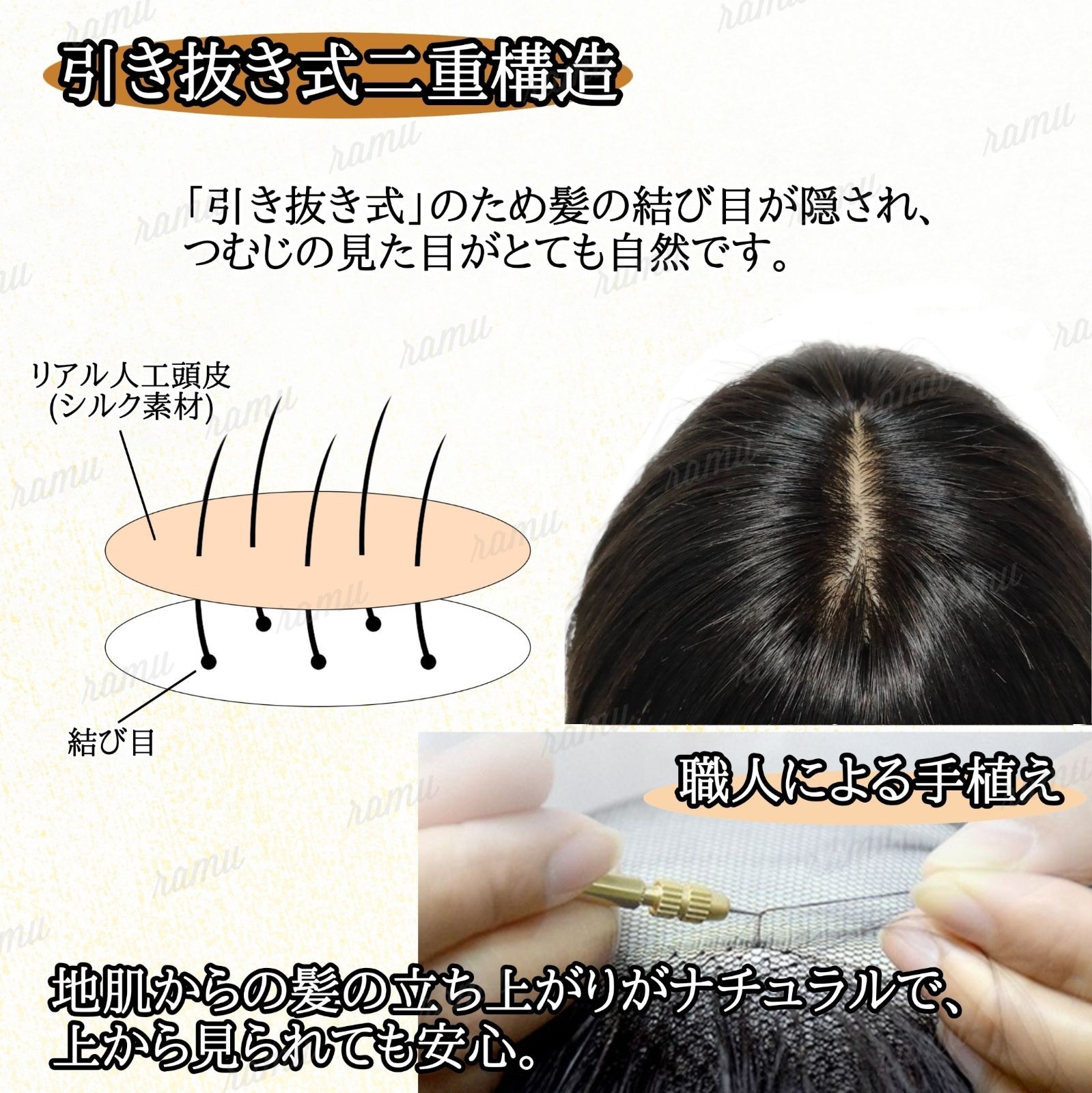 部分 ウィッグ 人毛100 総手植え ミセス 自然 薄毛 白髪隠し 分け目 つむじ ヘアピース 女性用 部分かつら 脱毛 リアル スキン 人工頭皮  人工皮膚 ミディアム デイリートップウィッグM（リアルスキンタイプ） - ウィッグ・かつら・つけ毛