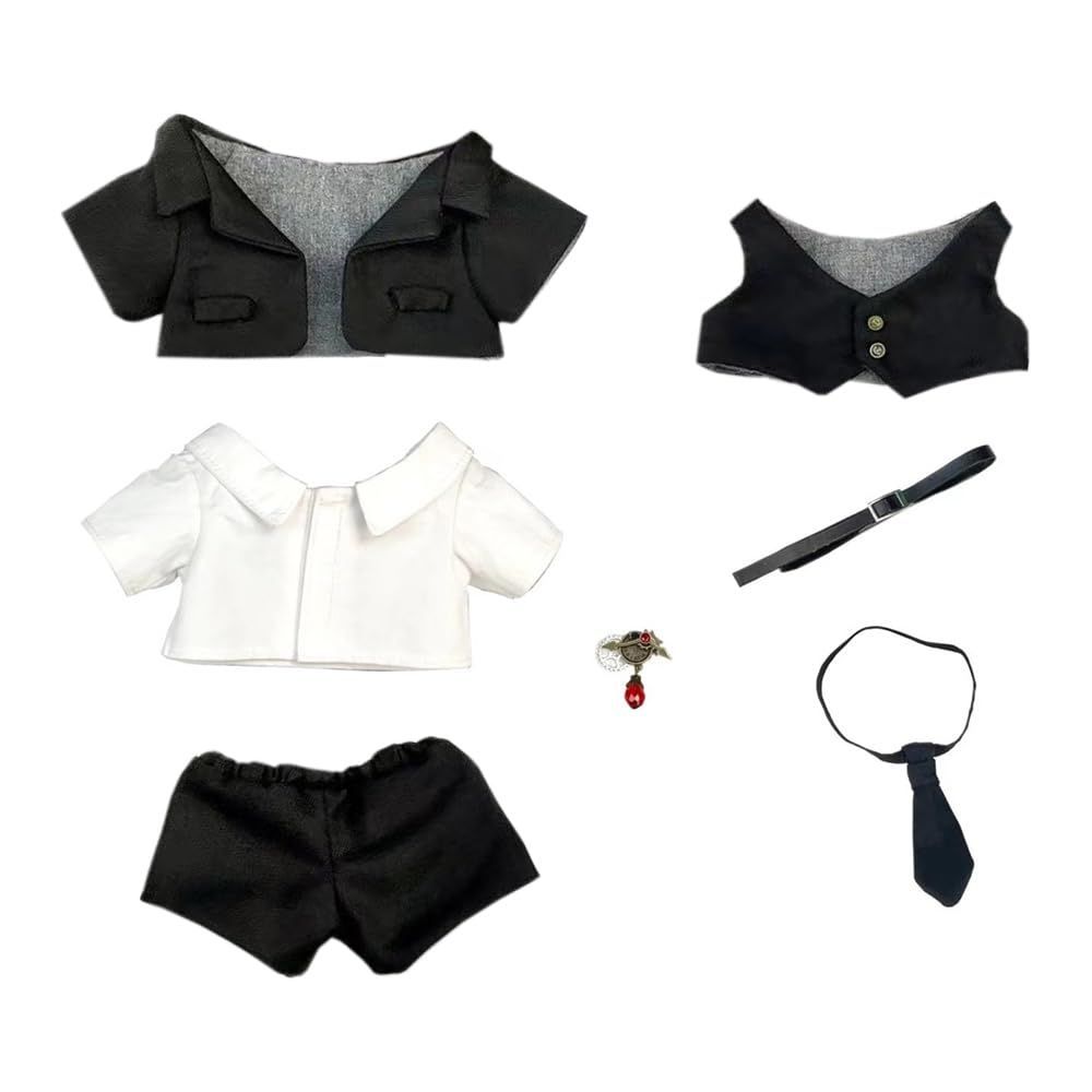 【在庫処分】服　スーツ　上着　白シャツ　半ズボン　ベスト　ネクタイ　ベルト　アクセサリー　着せ替え　綿人形服 (black) ぬいぐるみ 20cm