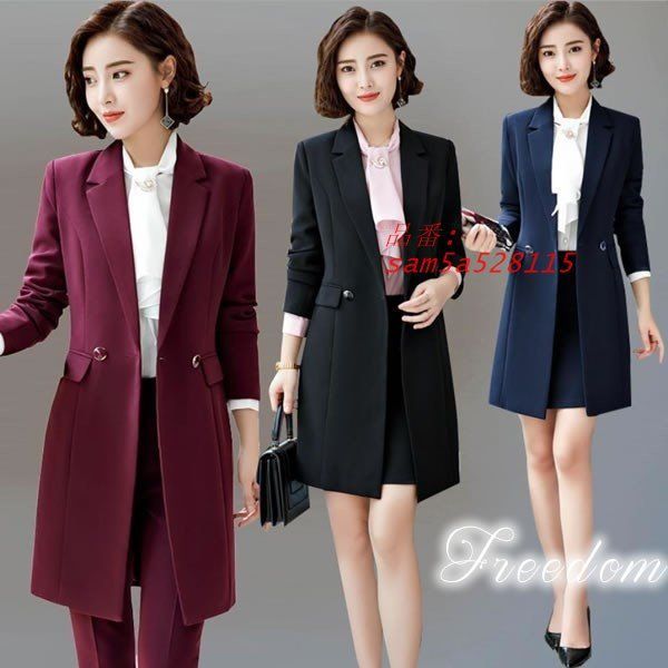 スーツ ビジネス 卒業式 入学式 パンツスタイルORスカートスタイルの2点セット ロング丈ジャケットの優雅スタイルレディーススーツ S L セール サイズ M am5a528115