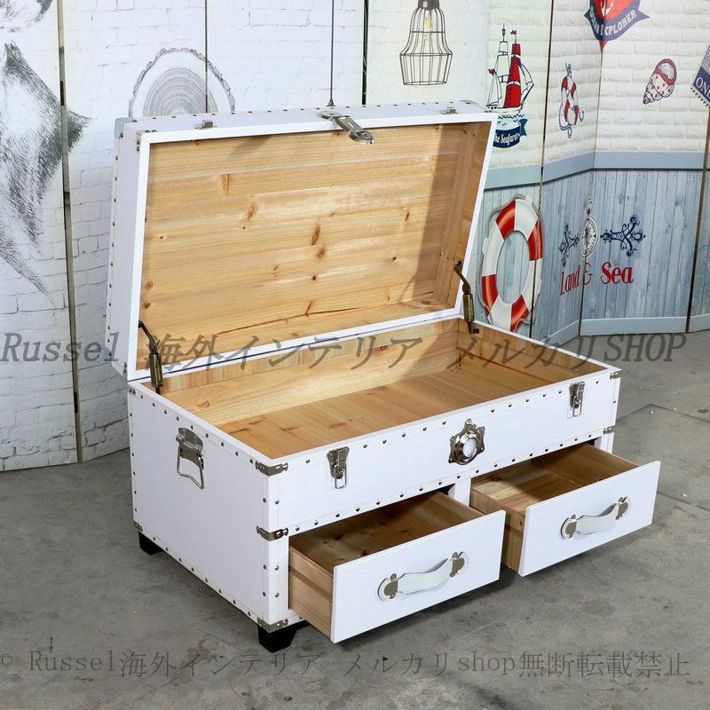 センター テーブル トランクケース型 収納 引き出し 付き ホワイト