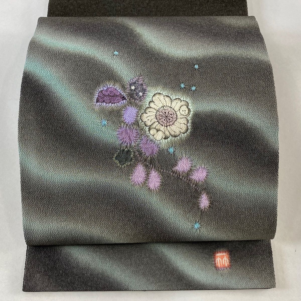 袋帯 美品 逸品 久保田一竹工房 落款 辻が花 縮緬 黒灰 お太鼓柄 正絹 