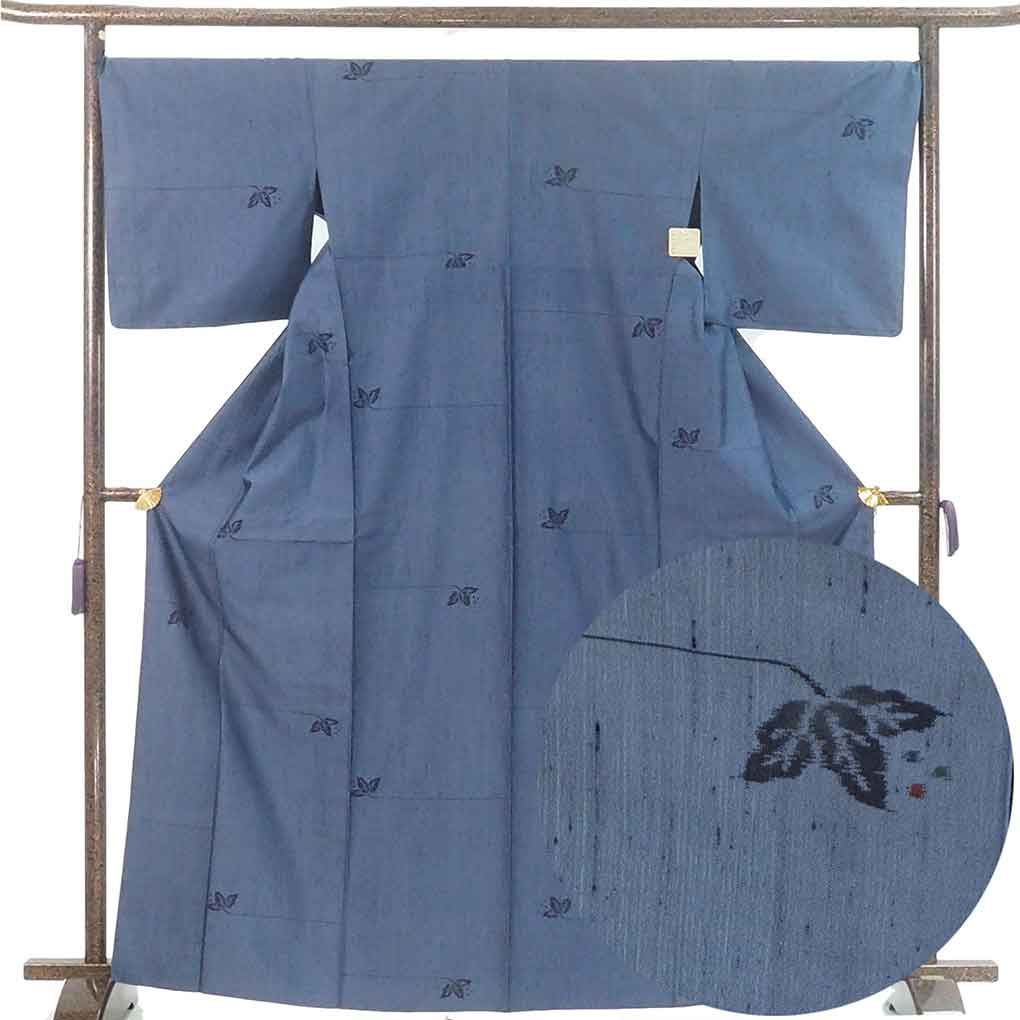 紬 身丈167cm 裄70cm 前幅24cm 後幅29cm 袖丈49cm 袖幅35cm レディース 単衣 花柄 裄長 裄L-LLサイズ 初夏 初秋用 正絹 シルク ネイビー トールサイズ やや難 リメイク リユース リサイクル 呉服のきくや
