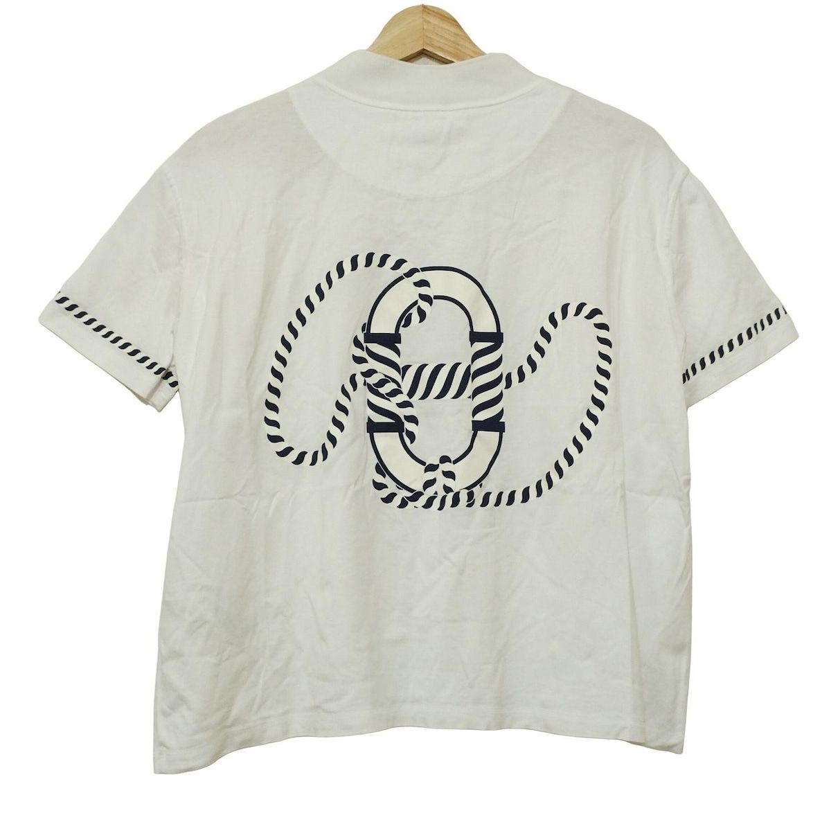 エルメス 半袖Tシャツ サイズ36 S レディース カルトゥッシュ モックネックTシャツ 白×ダークネイビー ハイネック 2025 SS