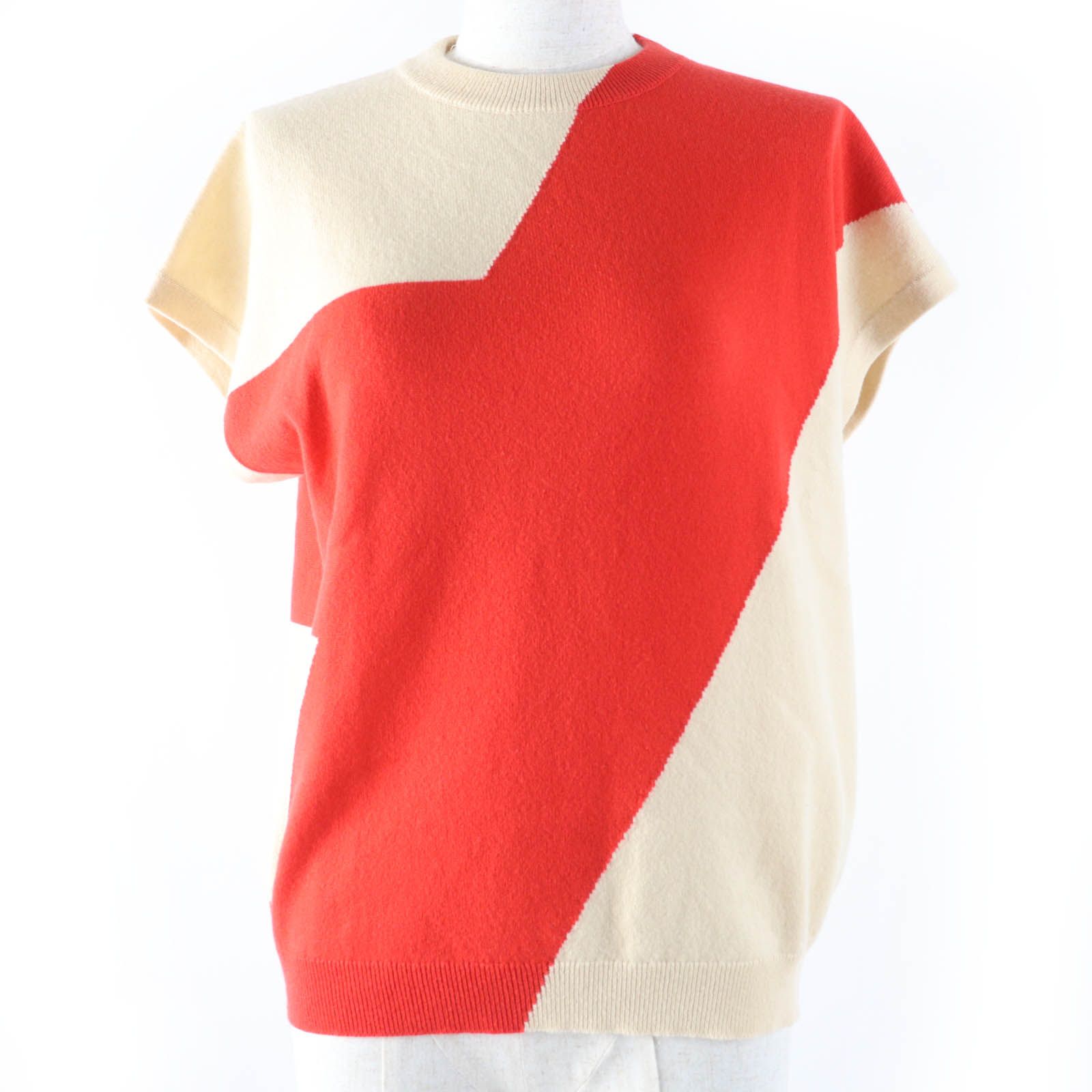 HERMES エルメス カシミヤ100％ フレンチスリーブ ニット トップス ベージュ レッド 36 イギリス製 レディース