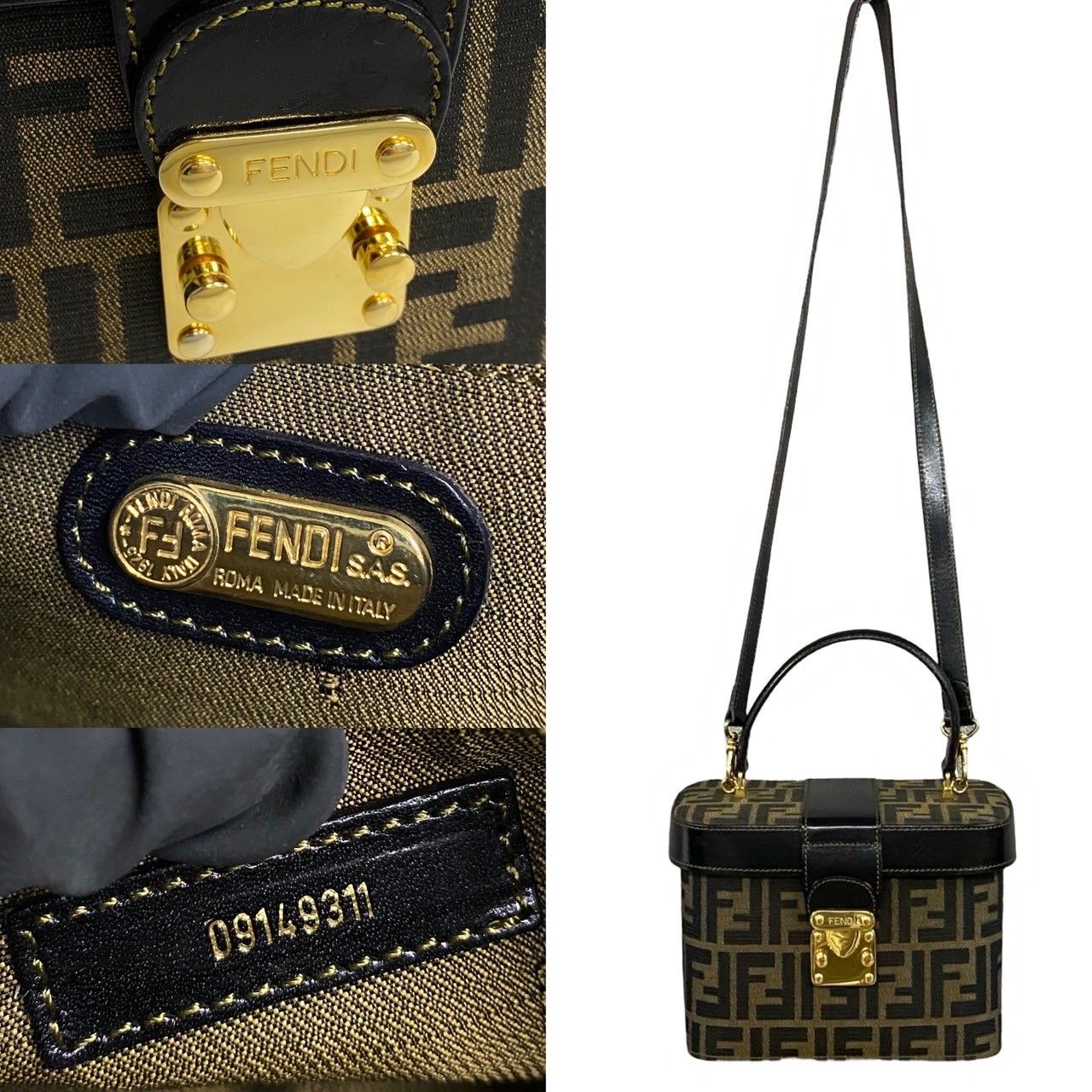 極 美品 FENDI フェンディ ズッカ FF 柄 ロゴ 金具 レザー キャンバス 