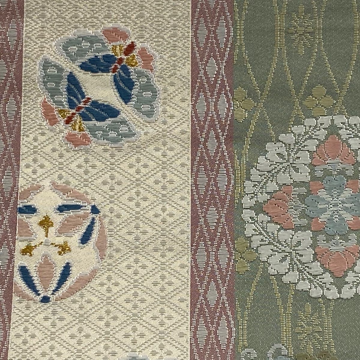 袋帯 秀品 鳥 草花 金糸 灰緑 六通 正絹