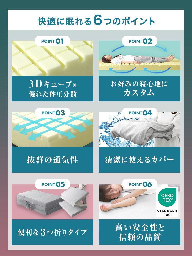 セミダブル マットレス 高反発 1層 190N 25D 高反発マットレス 三つ折り 厚10cm 3Dセル 敷布団 マットレス 折りたたみ 3つ折り 硬め ベッドマットレス 三つ折りマットレス 硬め FEB035