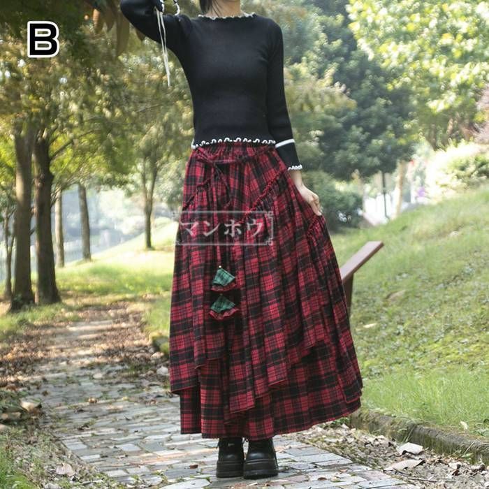 スカート チェック柄 ロングスカート レディース マキシ マキシスカート 秋冬 ドッキング Aラインスカート Aライン フ フ スカート ボトムス ロング 大きいサイズ dushen01