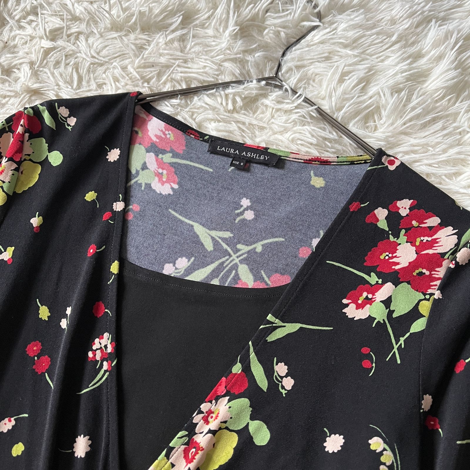 Laura Ashley ローラアシュレイ ロング丈 花柄ワンピース 黒 9号 M 