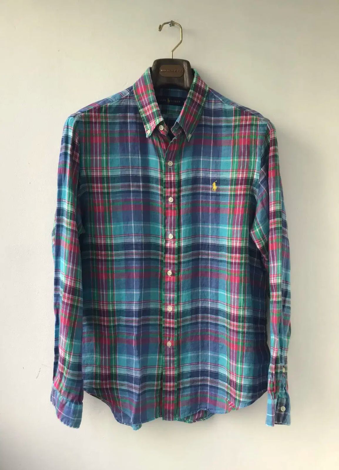 ポロ Ralph Lauren ラルフローレン ー 青 マドラスチェック チェック リネン シャツ L 105