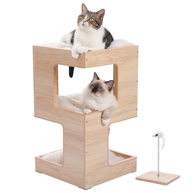 PETEPELA ぺテぺラ キャットタワー 猫ベッド 木製 木目調 三階 3層 おもちゃ クッション付き 爪とぎマット付属 バリバリ コンパクト 多用 家具 インテリア - 高さ60cm 1