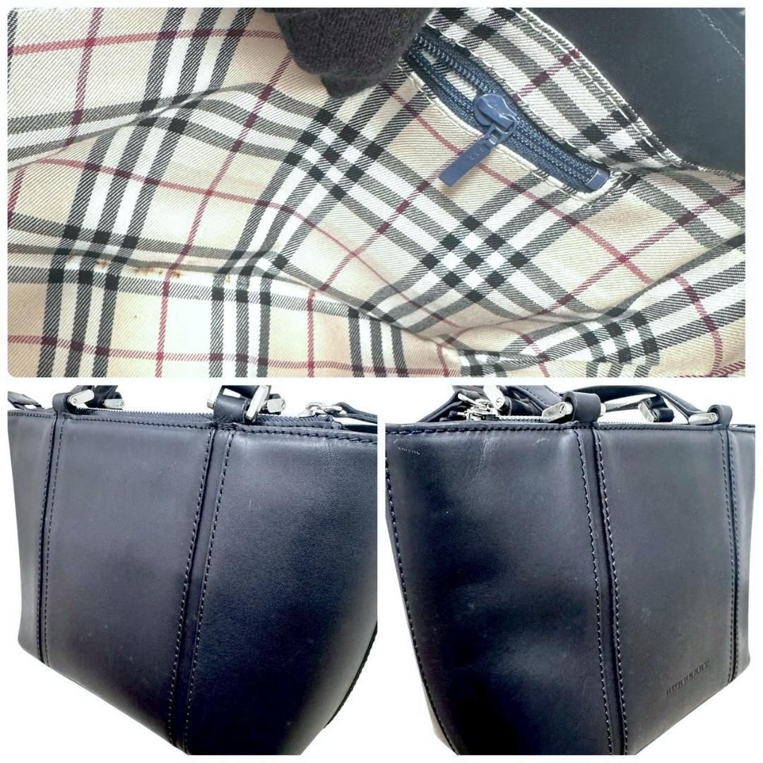  Burberry バーバリー ハンドバッグ レザー 内側ノバチェック ネイビー 自立 ロゴ ♯1547 ハンドバッグ バッグ