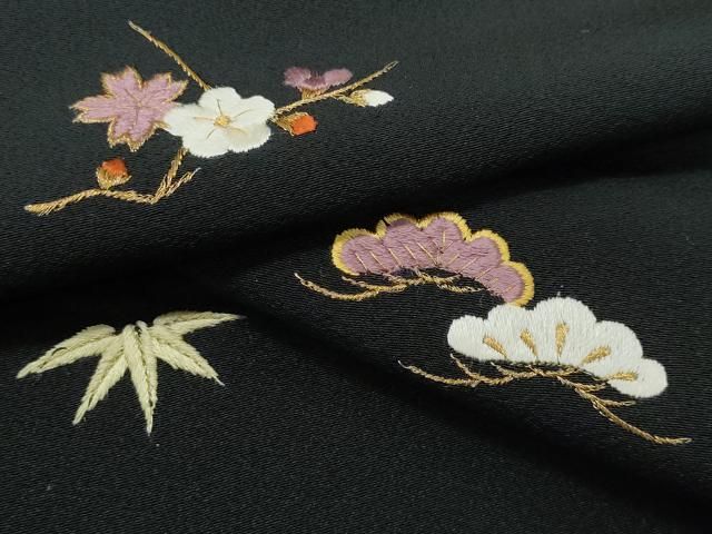 3903］訪問着 たたき染 草花文 金彩 正絹 着物 袷 逸品 黒地