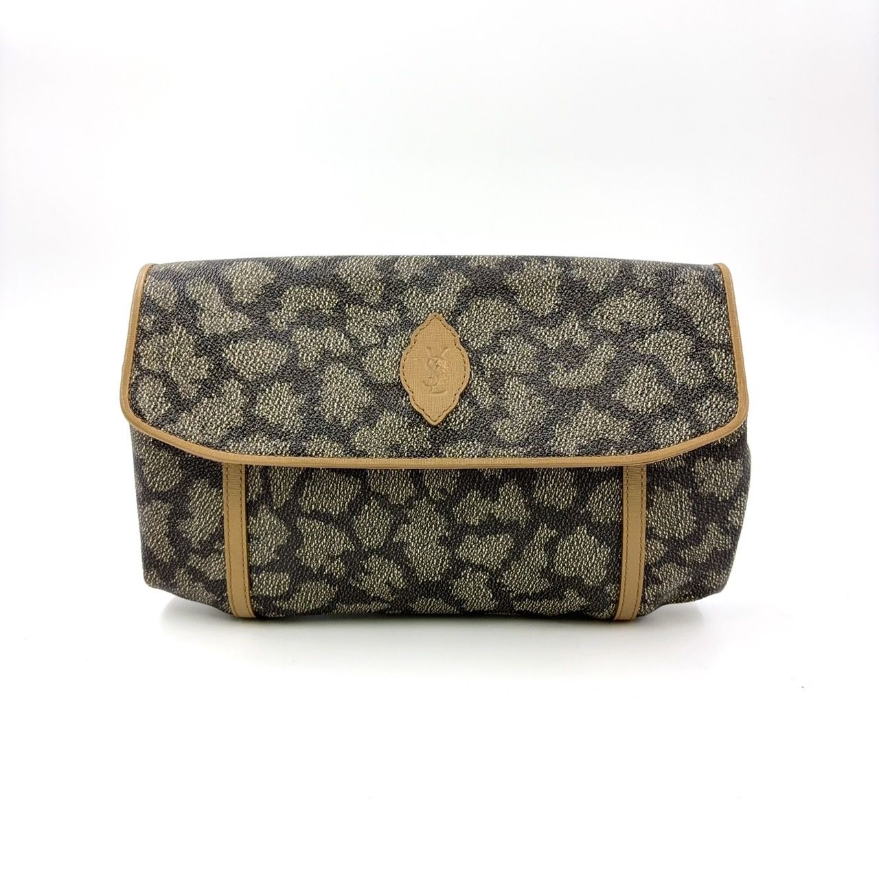 【美品】YVES SAINT LAURENT クラッチバッグ ベージュ PVC YVES SAINT LAURENT ジラフ レザー×PVC ブラウン×ベージュ