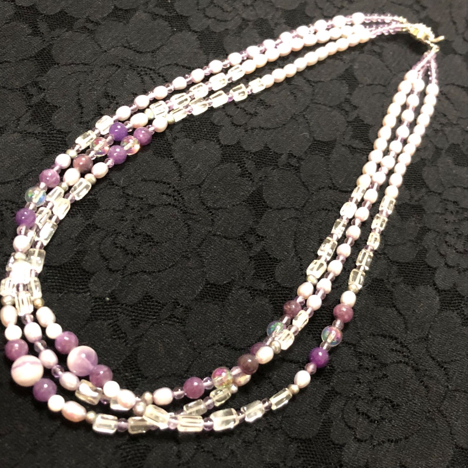 本真珠&天然石3連ネックレス☆シルバー金具ビンテージ品 - メルカリ