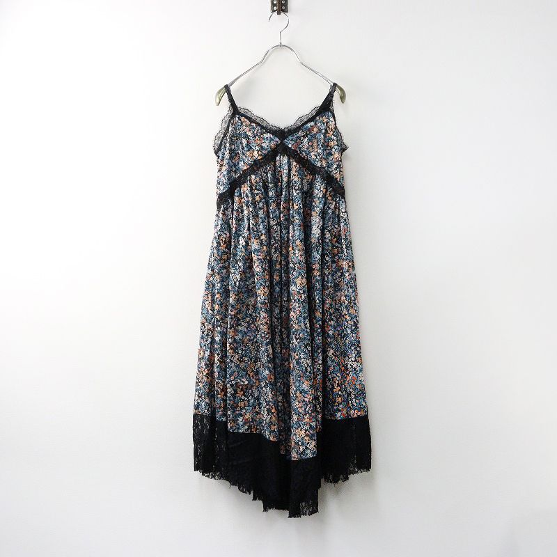 2021AW ロイスクレヨン Lois CRAYON レース切替 フラワーキャミワンピース M|ブラック系 フ タック 花柄 2400014357974