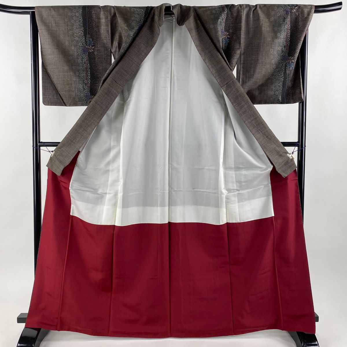 紬 身丈167.5cm 裄丈68cm L 袷 名古屋帯セット 葉柄 藤 焦茶色 正絹 美  