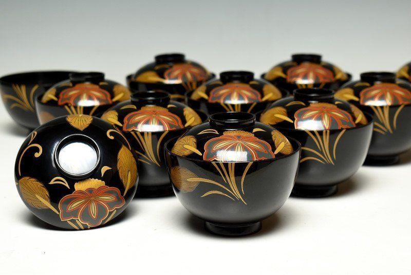 蔵A3265 木製黒塗 蒔絵花文 吸物椀 汁椀 十客
