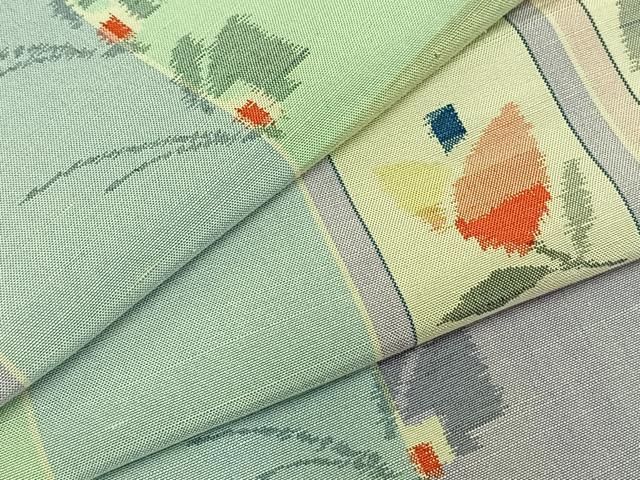 平和屋着物▽上質な紬 単衣 色紙花蝶文 正絹 AABC3781fy