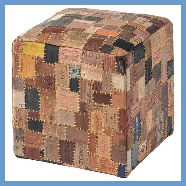 ヴィンテージ風レザータグのパッチワークスツール 約W40×D40×H44cm No.007 キューブ