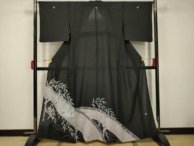平和屋着物＊夏物 黒留袖 絽 作家物 刺繍 渡橋風景文 銀彩 洗える着物 AABB8829sx