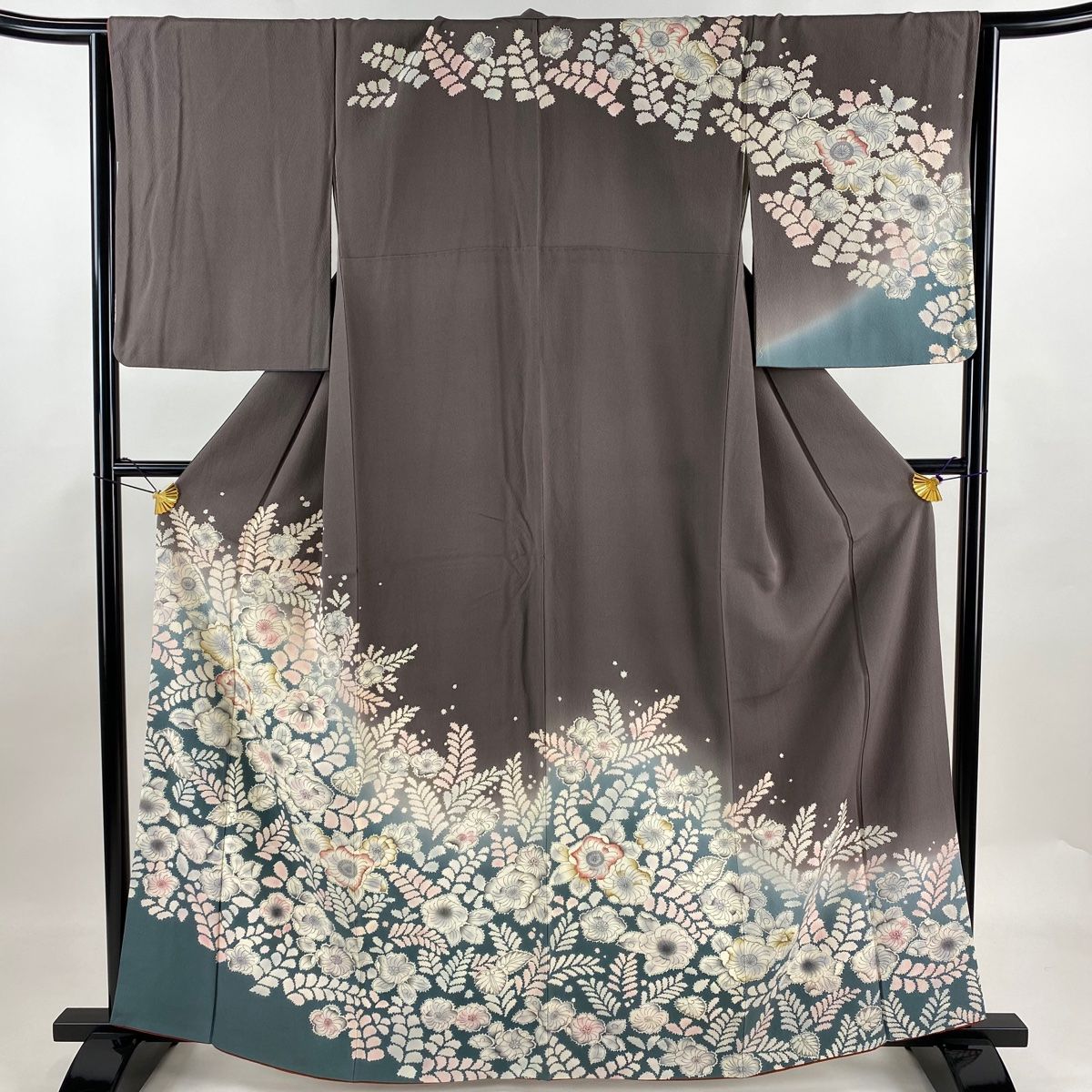 訪問着 身丈163cm 裄丈63.5cm S 袷 草花 ぼかし 茶紫 正絹 名品