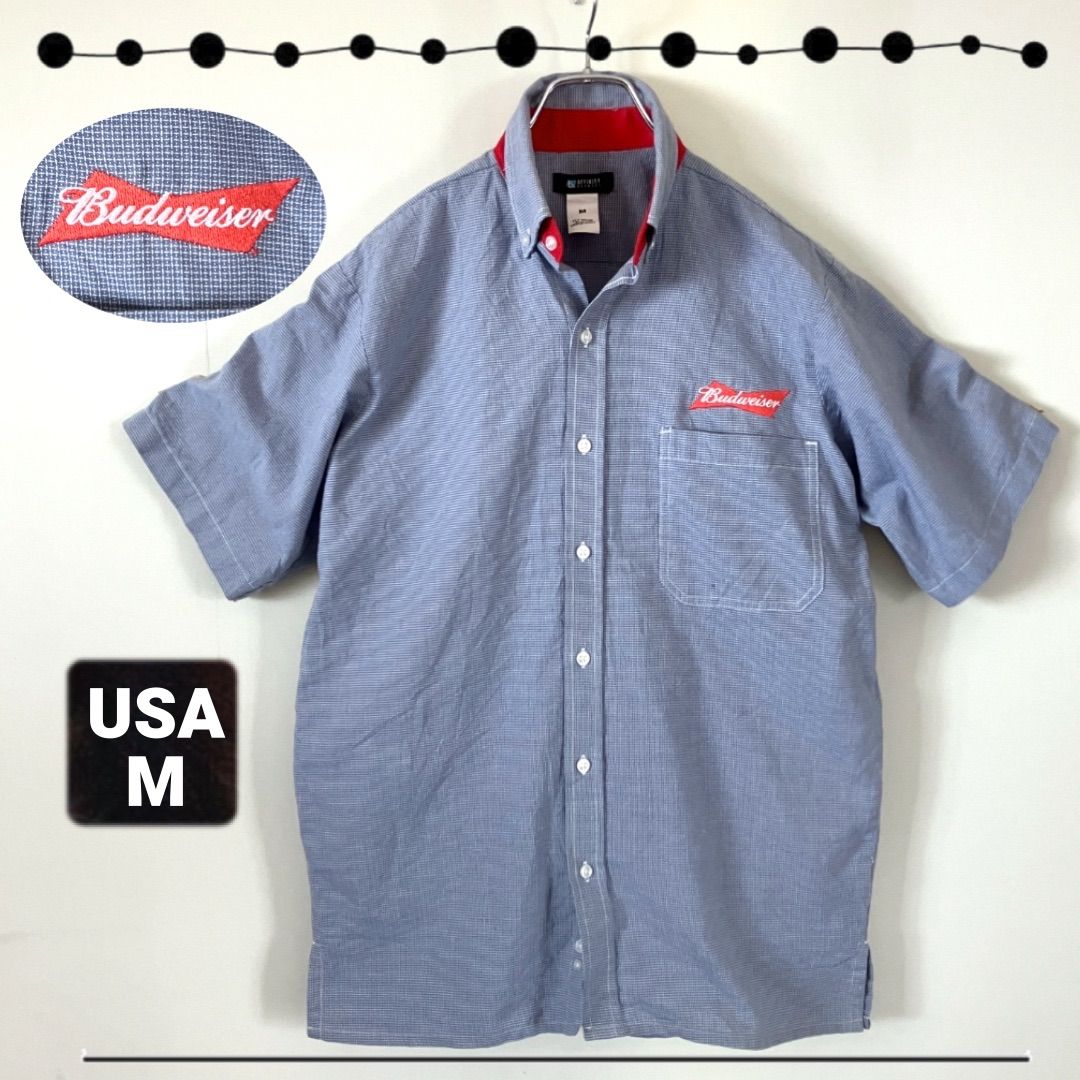 バドワイザー Budweiser☆格子織S/Sワークシャツ☆刺繍ロゴ