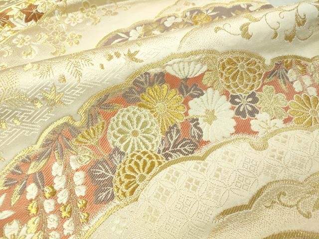 5k2281 袋帯　絹　平安蒔絵　金色　ベージュ　ピンク　緑　紫　白　花柄　和装 5k2281 袋帯 絹 平安蒔絵 金色 ベージュ ピンク 緑 紫 白 花柄