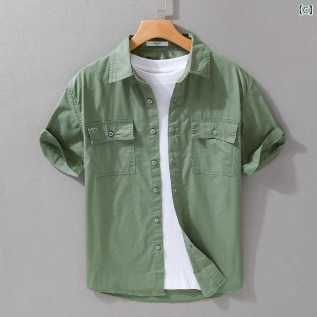 M メンズ ファッション 服 男性用 オシャレ シンプル 大人 かっこいい 大きいサイズ ストリート 紳士服 夏 無地 コットン 半袖 シャツ ポケット コットン ホワイト シャツ 通勤 ウィンド シャツ 通気性 WWW_KARIMZIABAT_FR