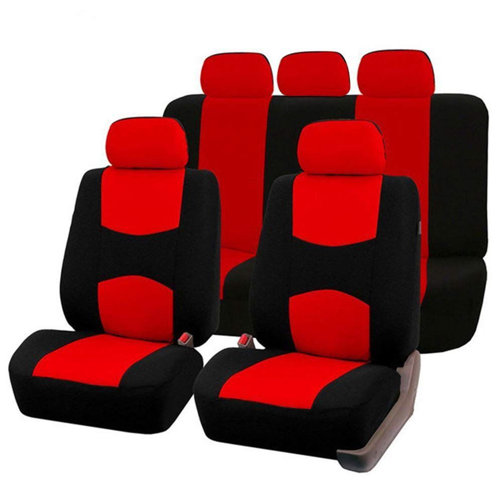 【特価商品】ユニバーサルカーシートカバーフルセットフロントリアヘッドレスト通気性オートシートプロテクターインテリアカバー (赤)