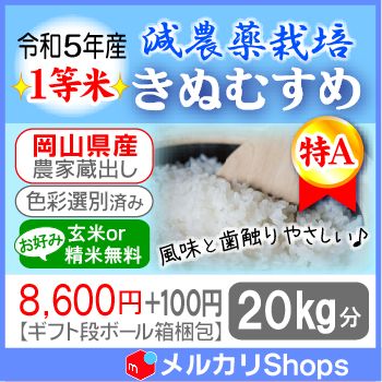 ☆★段ボール箱梱包★☆令和5年産 新米 １等米 岡山県 エコファーマー 特Ａ 減農薬栽培米【きぬむすめ】20㎏