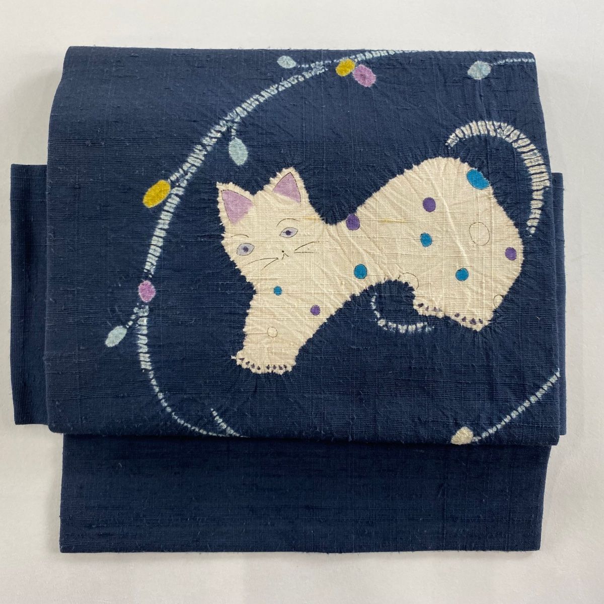付け帯 名品 落款 作り帯 紬地 猫 ネコヤナギ 絞り 紺色 正絹