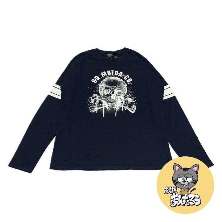 ハーレーダビッドソン 古着 ロンT スカルモーター ネイビー XL