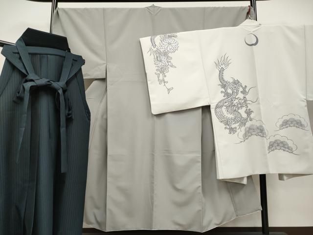 平和屋着物 上 男性 色無地 紋付き羽織 行灯袴セット キングサイズ 着物 茶鼠色 羽織 亜麻色 龍 洗える着物 CYAA3478s5