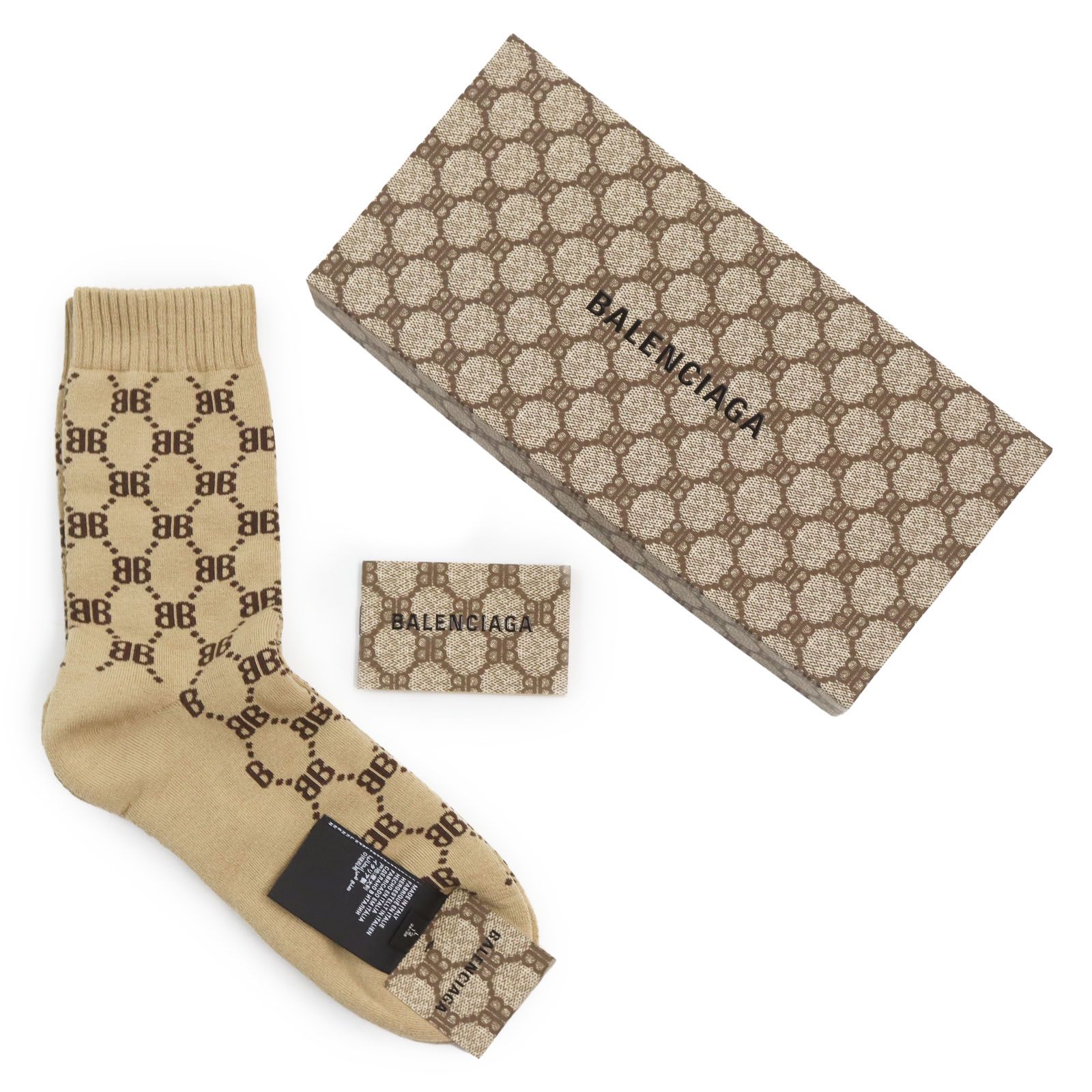 未使用品●BALENCIAGA バレンシアガ GUCCI グッチ 2022年製 681520 SOCKS HACKER TENNIS BBロゴ 靴下 ソックス ブラウン L(26～28cm) 箱付き イタリア製 正規品 メンズ