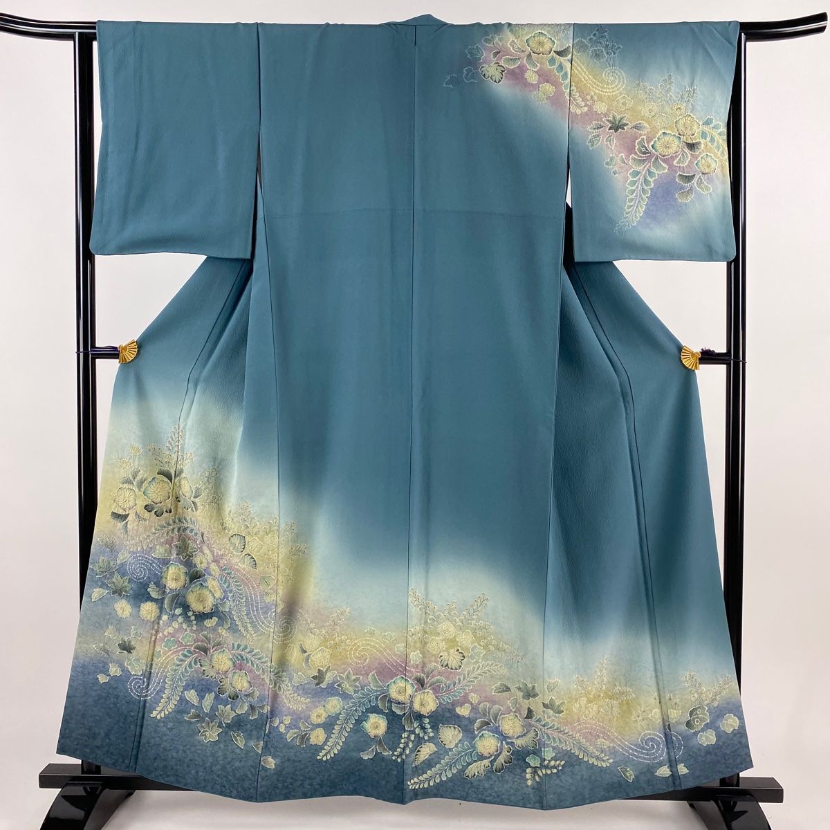 訪問着 身丈159.5cm 裄丈63cm S 袷 辻が花 ぼかし 灰緑 正絹 名品