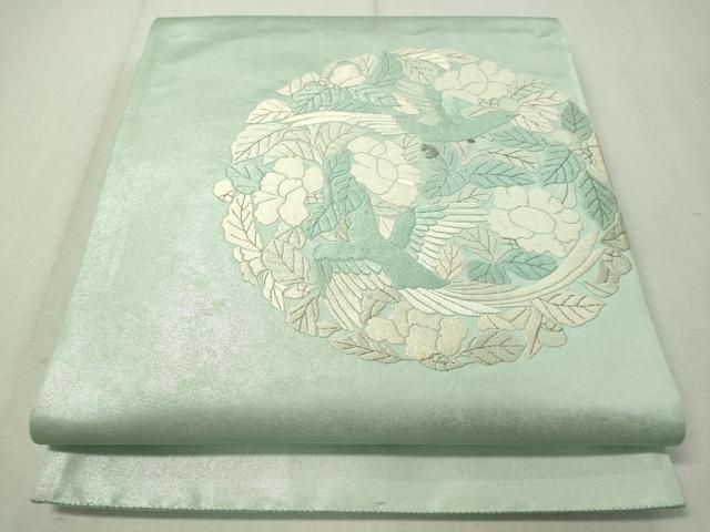 (あ694)珍品‼️縮緬 型染めアンティーク振袖㊗️青海波 鶴 松柄扇 鼓 ✨ 舞扇子の扇亘】A472－T 6骨舞扇子 黒天ぼかし 金箔青海波