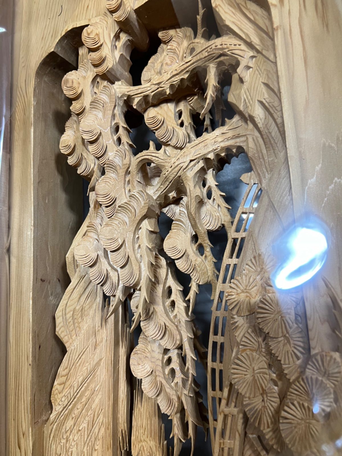 送料込！欄間一対 裏表彫刻2枚セットで 松に鷹彫り 欄間 一対