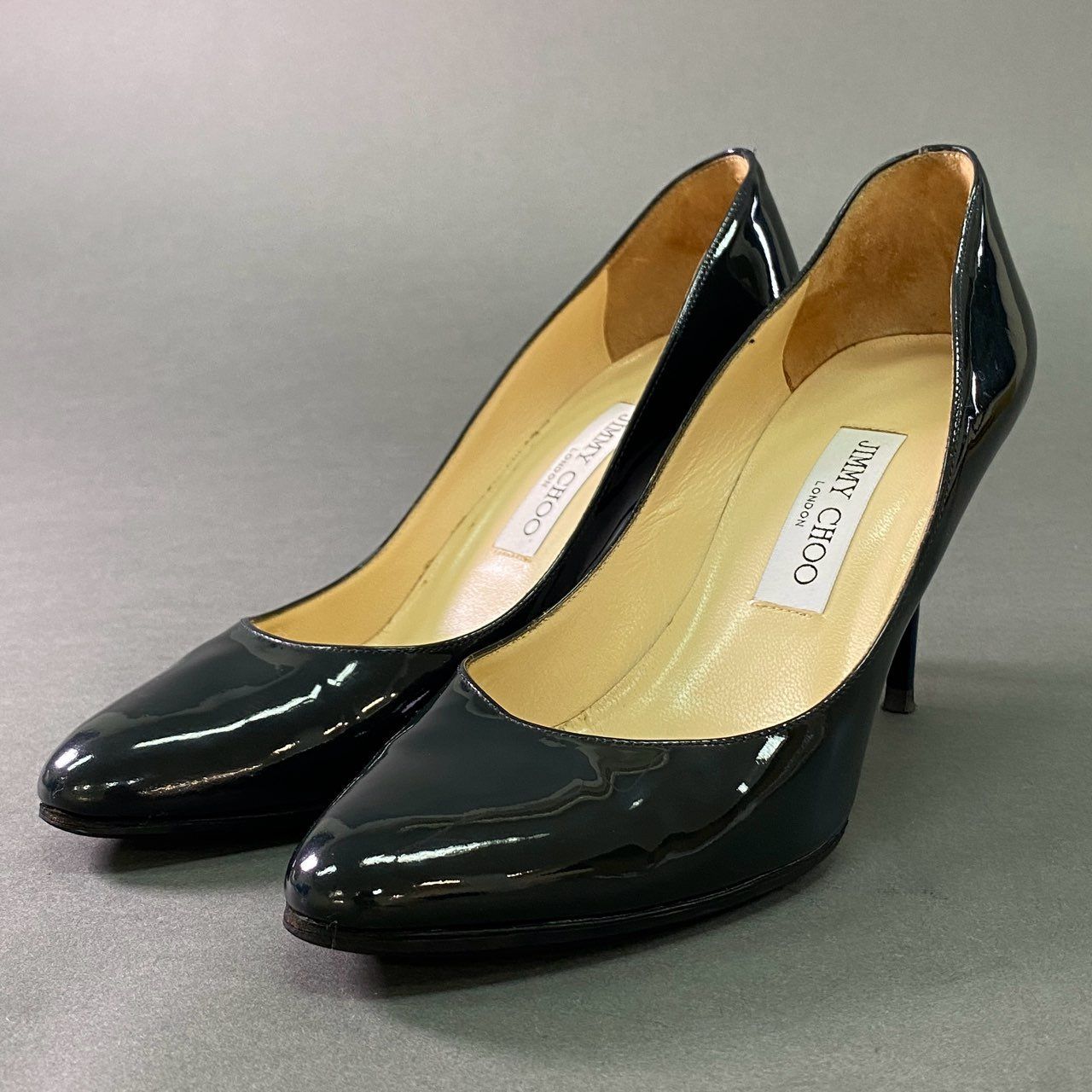 【良品】JIMMY CHOOマーブルヒールブーツ〈参考価格130,000円〉 JIMMY CHOO エナメルパテントレザーヒール