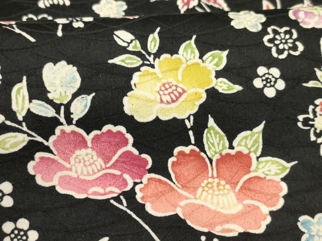 平和屋着物▽小紋 反物 着尺 枝花文 黒地 正絹 逸品 未使用 AAAR7978uw