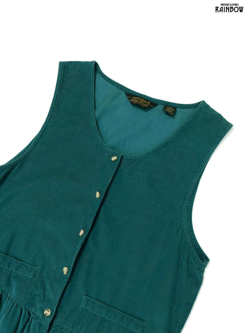 古着 Eddie Bauer エディーバウアー 前開き 無地 コーデュロイ ロング丈 ノースリーブ ワンピース 緑 otu2508082