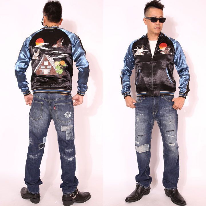 Japanesque ジャパネスク 雀と藁ぶき屋根 刺繍 スカジャン(3RSJ-034)スーベニアジャケット ジャパネスク 雀と藁ぶき屋根 刺繍 スカジャン 3RSJ-034 ブラック×袖