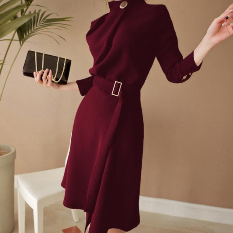 きれいめ エレガント ママスーツ 長袖 フォーマルワンピース 膝丈 入学式 着.せ 大人 ハイネック 無地 大きいサイズ ワンピ ワンピース 体型カバー ウェストベルト パーティードレス ミモレ丈 セ conne596685