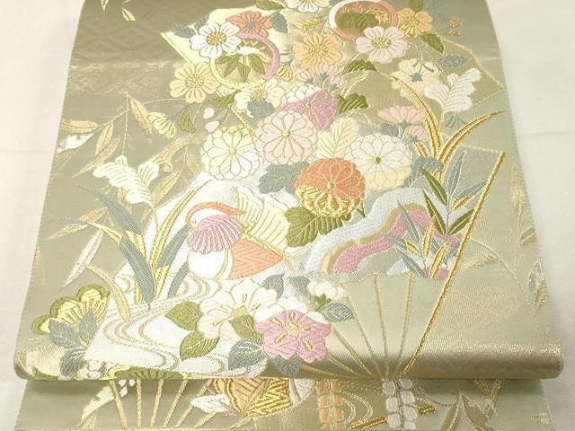 平和屋着物▽六通柄袋帯 唐織 扇面鴛鴦花文 金銀糸 正絹 逸品