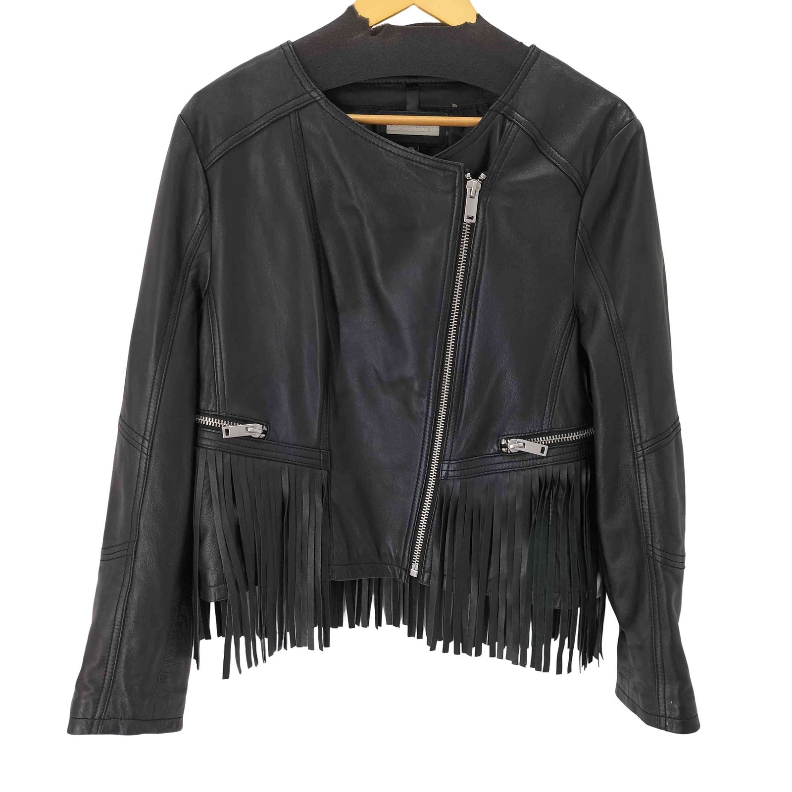 ユーズドフルギ 古着 BLACK RIVET フリンジデザイン リアルレザージャケット レディース import XXL