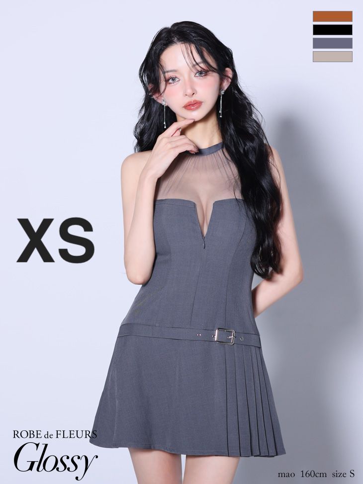 XSグレー GL4153-GY-2509 XSサイズあり Glossy|グロッシー ROBE de FLEURS Glossy|ローブドフルール グロッシー シアー| ホルターネック| フ | ミニドレス| キャバドレス