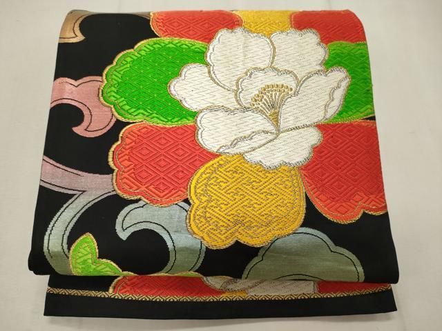 平和屋着物◎六通柄袋帯 唐織 花唐草文 黒地 金銀糸 正絹 逸品  