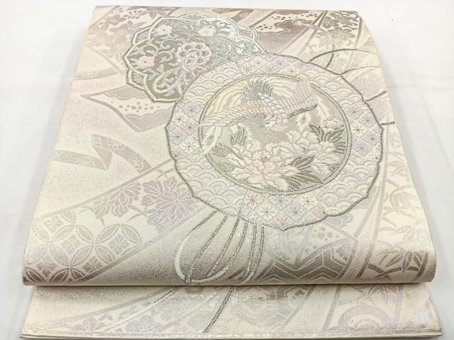 平和屋着物◎六通柄袋帯 唐織 鏡裏鳳凰花文 銀糸 正絹 逸品